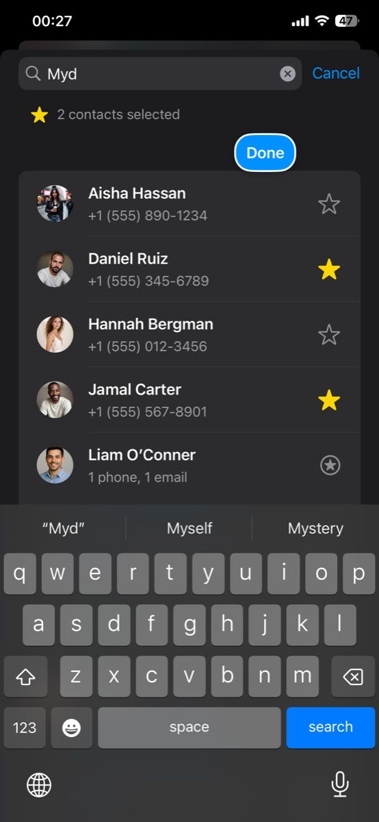 Contact selection screen showing multiple numbers