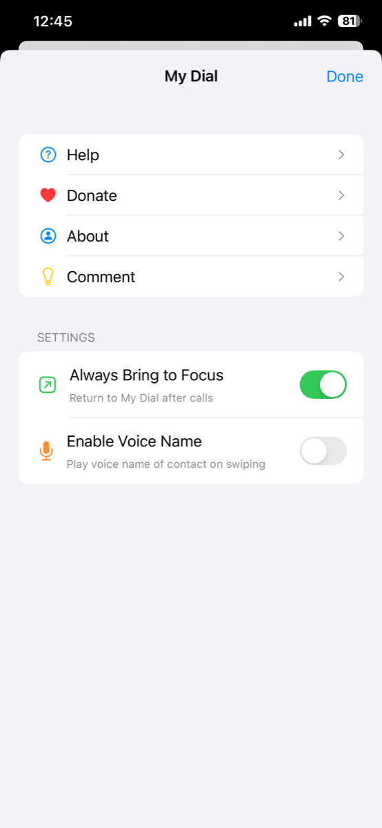 Info menu showing Always Bring to Focus setting